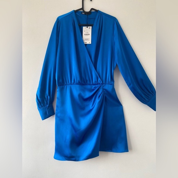 Zara Dress blue long sleeve draped wrapped mini party cocktail wedding - Picture 2 of 7